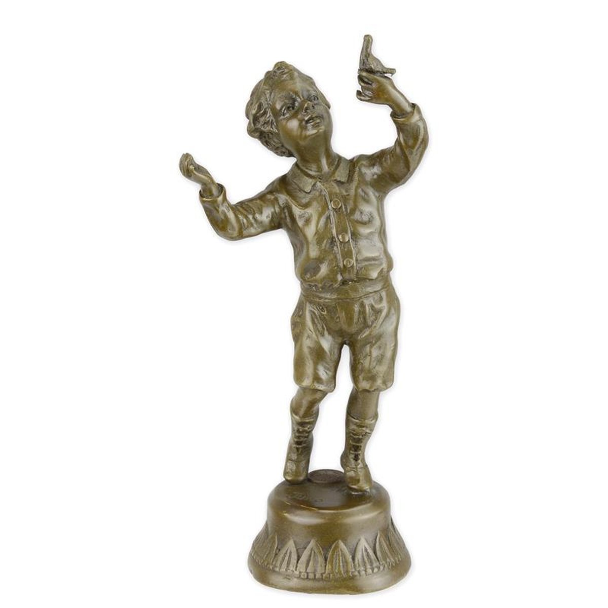 A BRONZE SCULPTURE OF A BOY WITH PIGEON