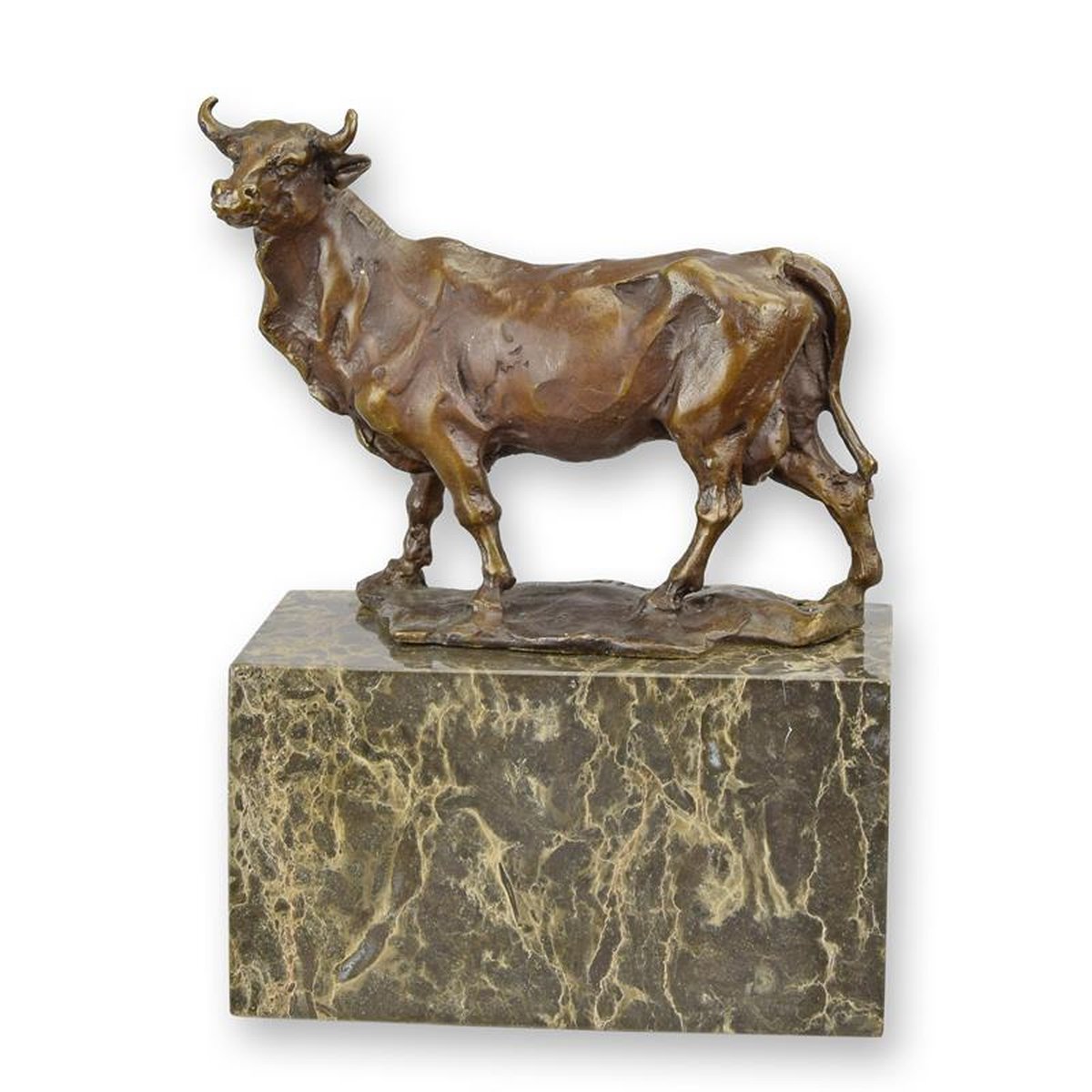 A BRONZE SCULPTURE OF A BULL