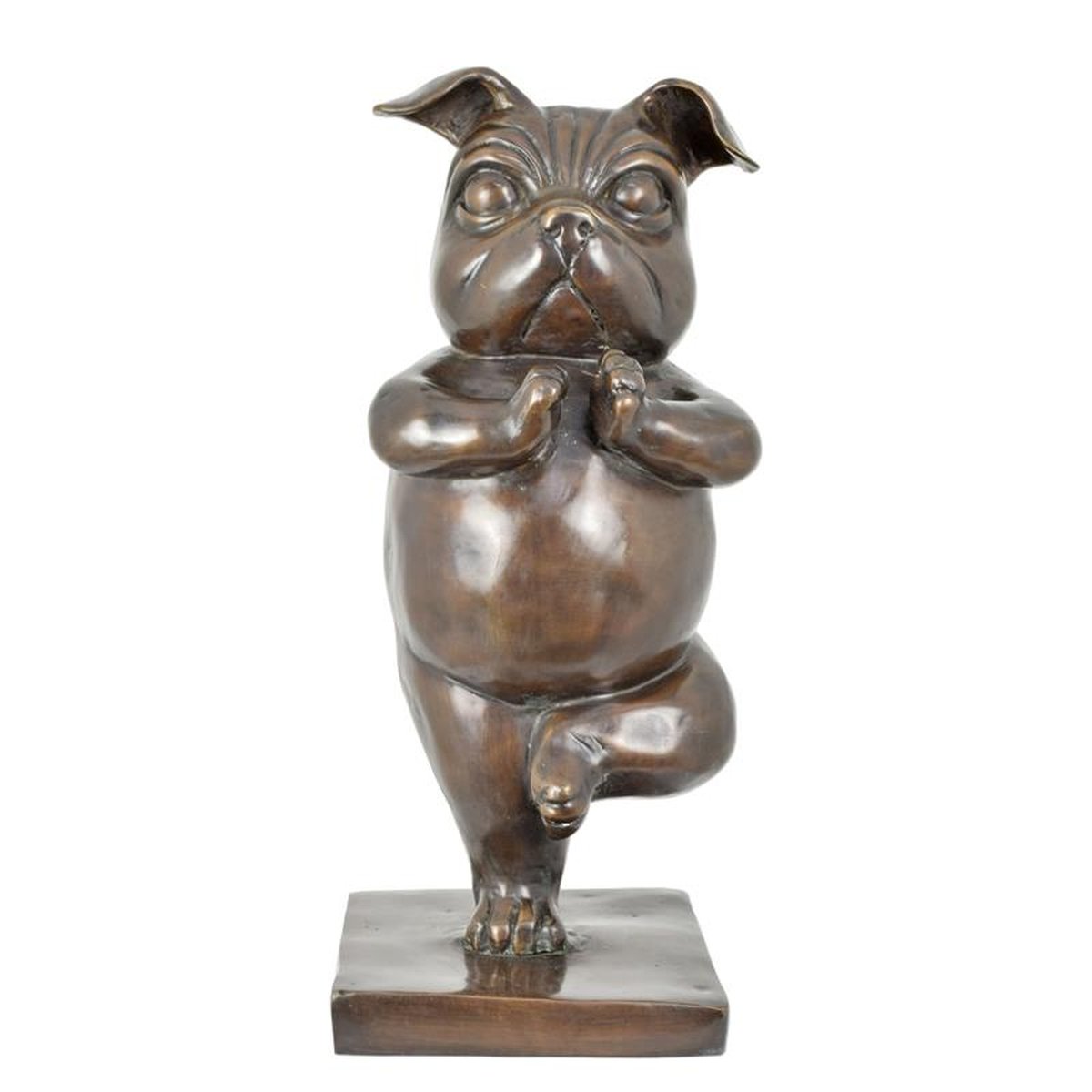 A BRONZE SCULPTURE OF A BULLDOG DOING YOGA