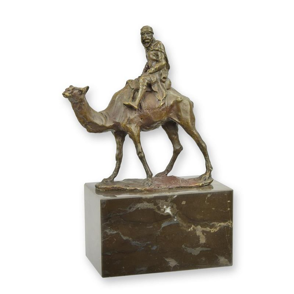 A BRONZE SCULPTURE OF A CAMEL AND RIDER
