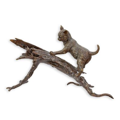 A BRONZE SCULPTURE OF A CAT AND MOUSE ON BRANCH