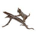 A BRONZE SCULPTURE OF A CAT AND MOUSE ON BRANCH