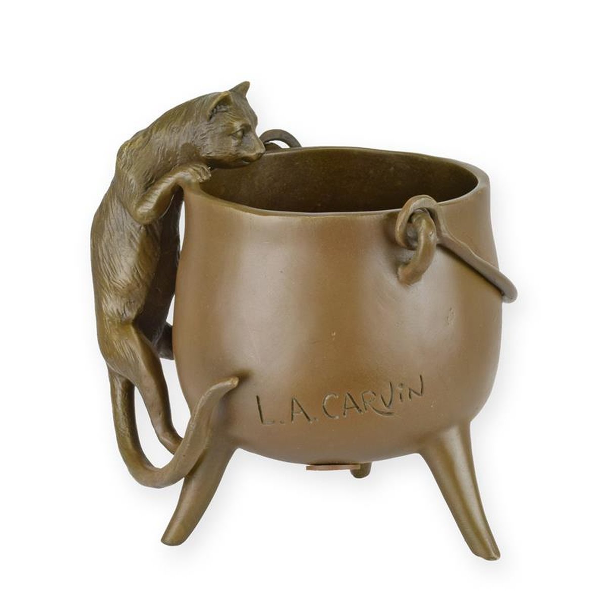 A BRONZE SCULPTURE OF A CAT CLIMBING ON A CAULDRON