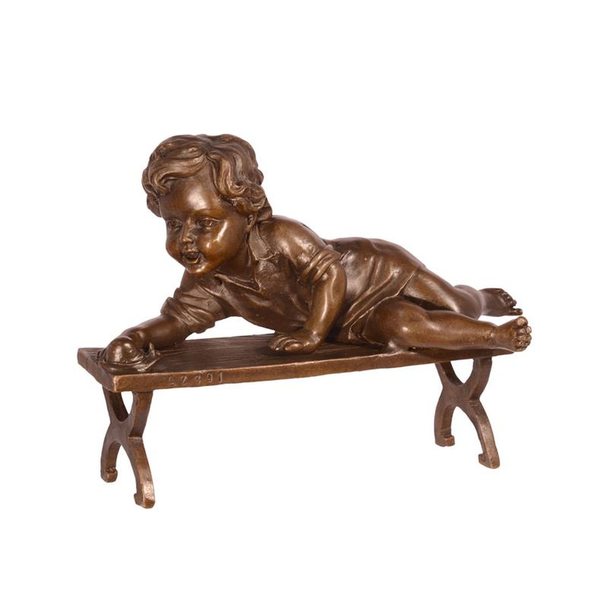 A BRONZE SCULPTURE OF A CHILD WITH SNAIL ON BENCH