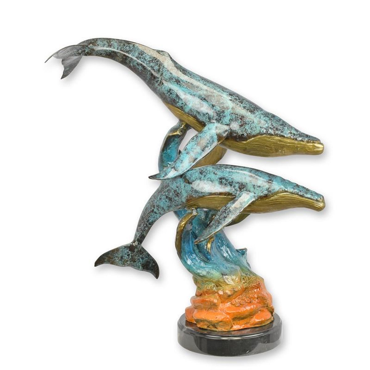 A BRONZE SCULPTURE OF A COUPLE OF WHALES