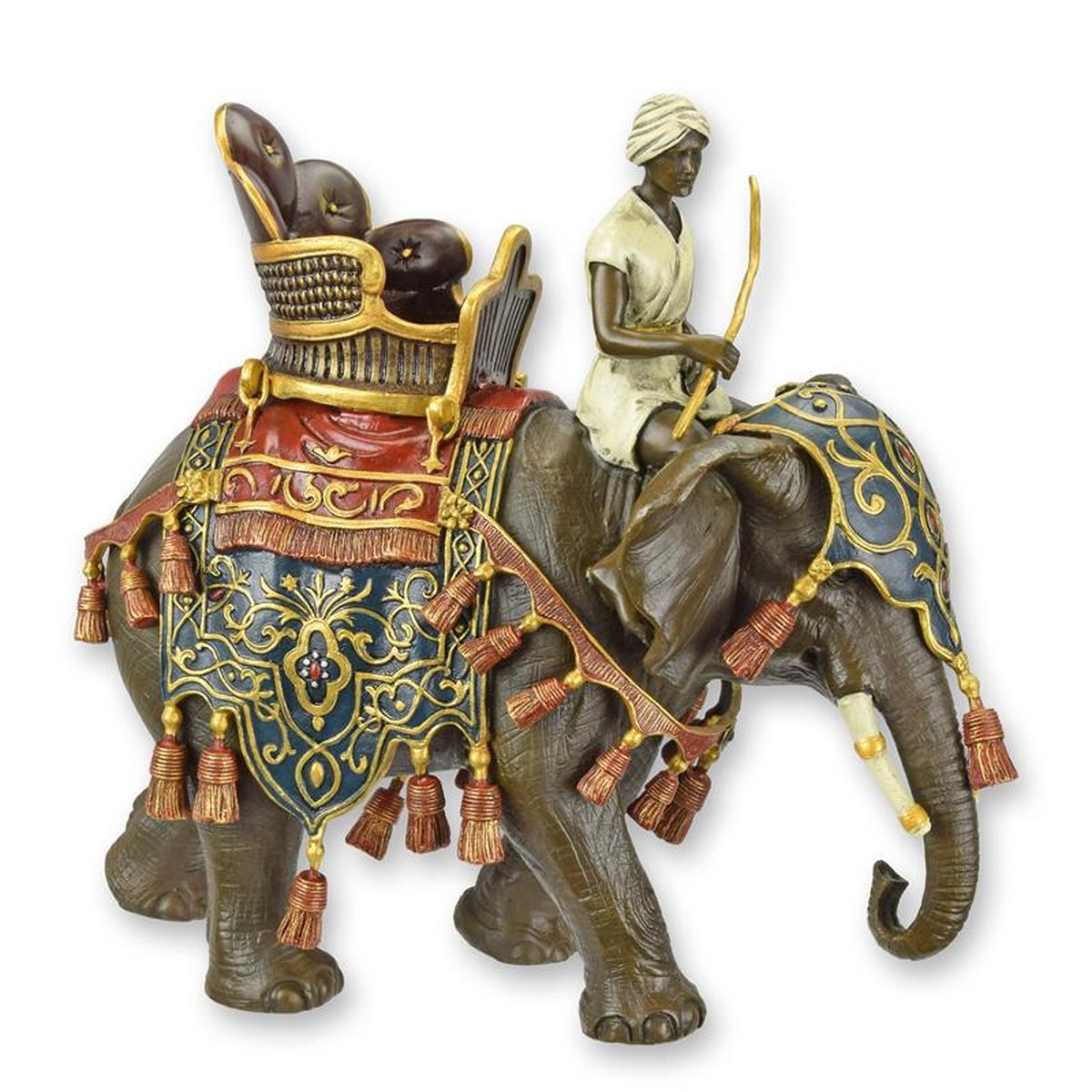 A BRONZE SCULPTURE OF A DECORATED ELEPHANT AND RIDER