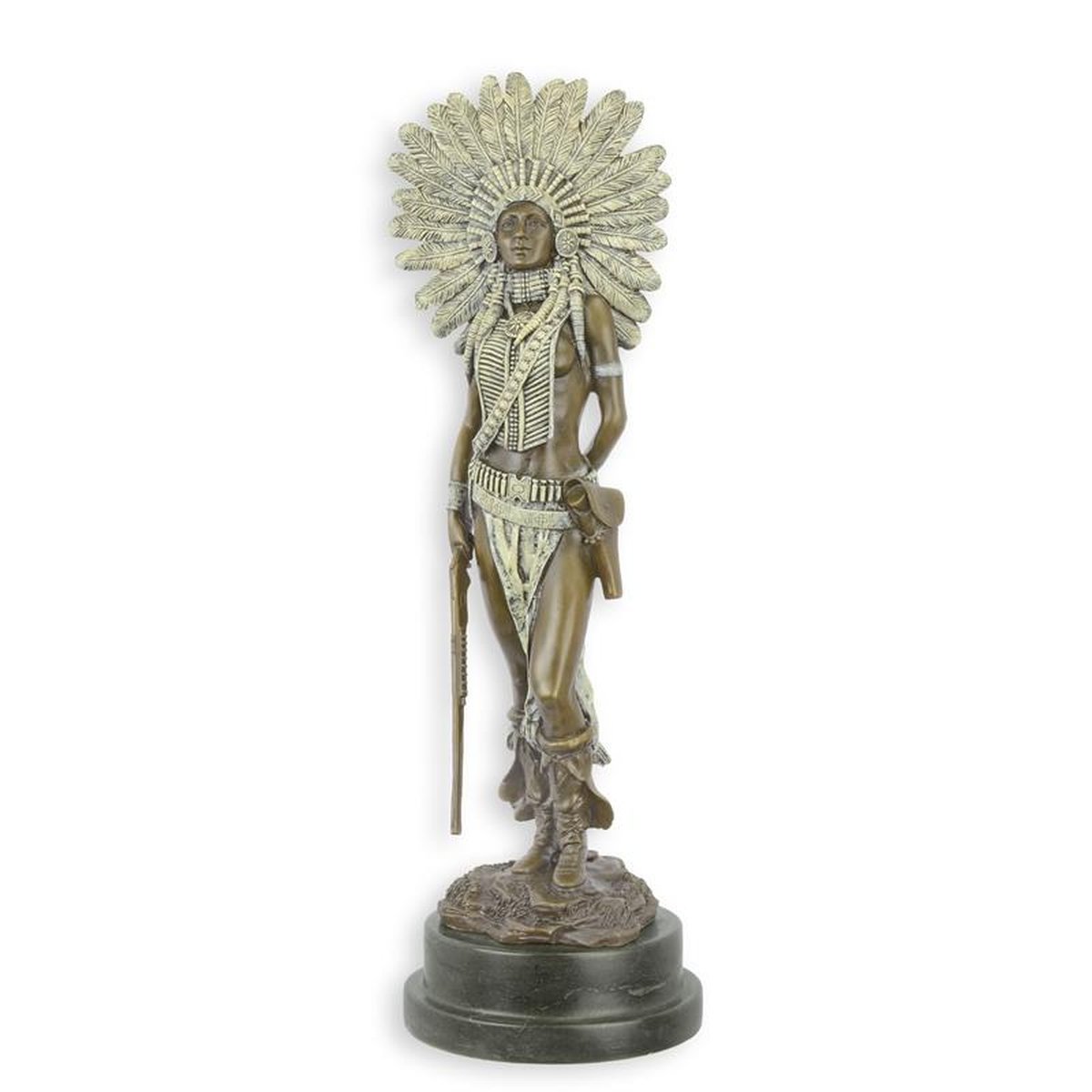 A BRONZE SCULPTURE OF A FEMALE INDIAN WITH RIFLE