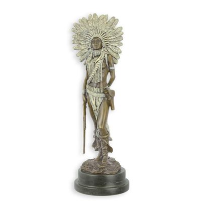 A BRONZE SCULPTURE OF A FEMALE INDIAN WITH RIFLE