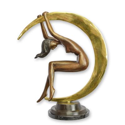 A BRONZE SCULPTURE OF A FEMALE NUDE AND CRESCENT MOON