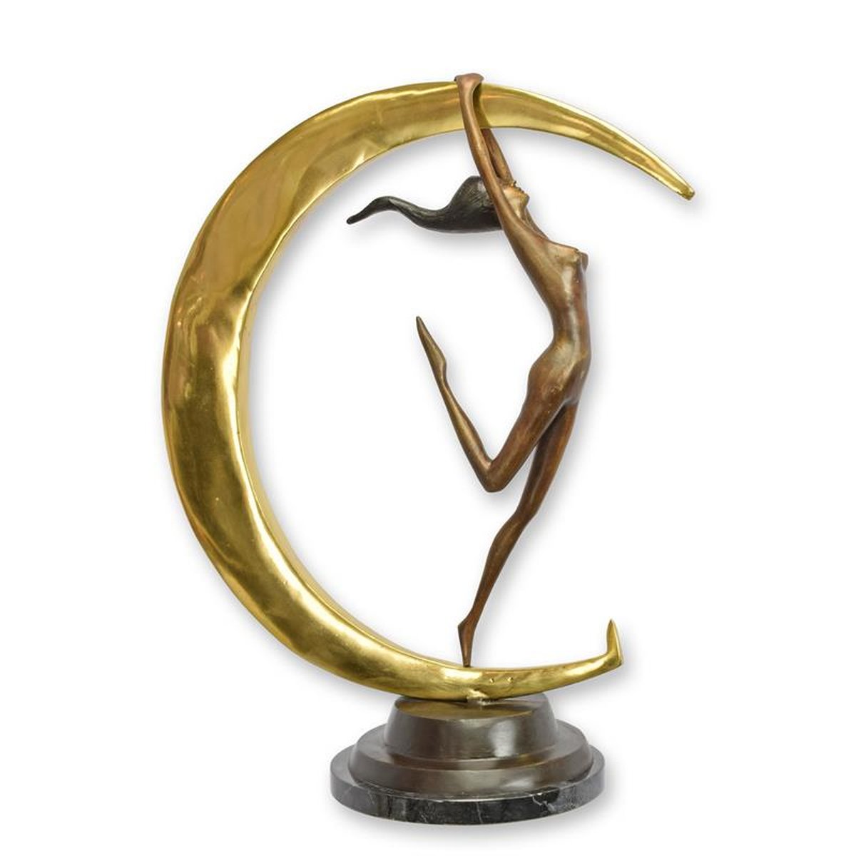 A BRONZE SCULPTURE OF A FEMALE NUDE AND CRESCENT MOON