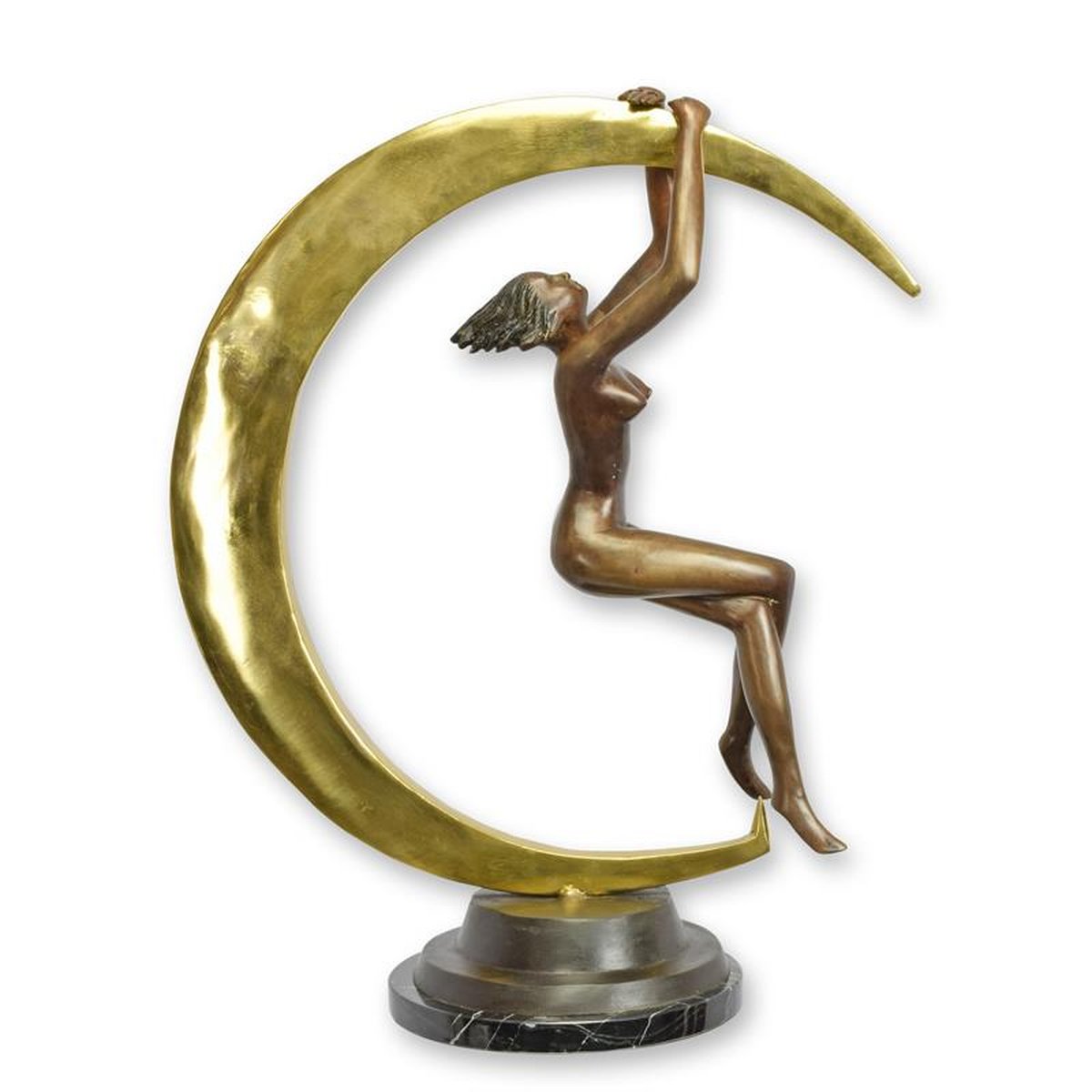 A BRONZE SCULPTURE OF A FEMALE NUDE AND CRESCENT MOON