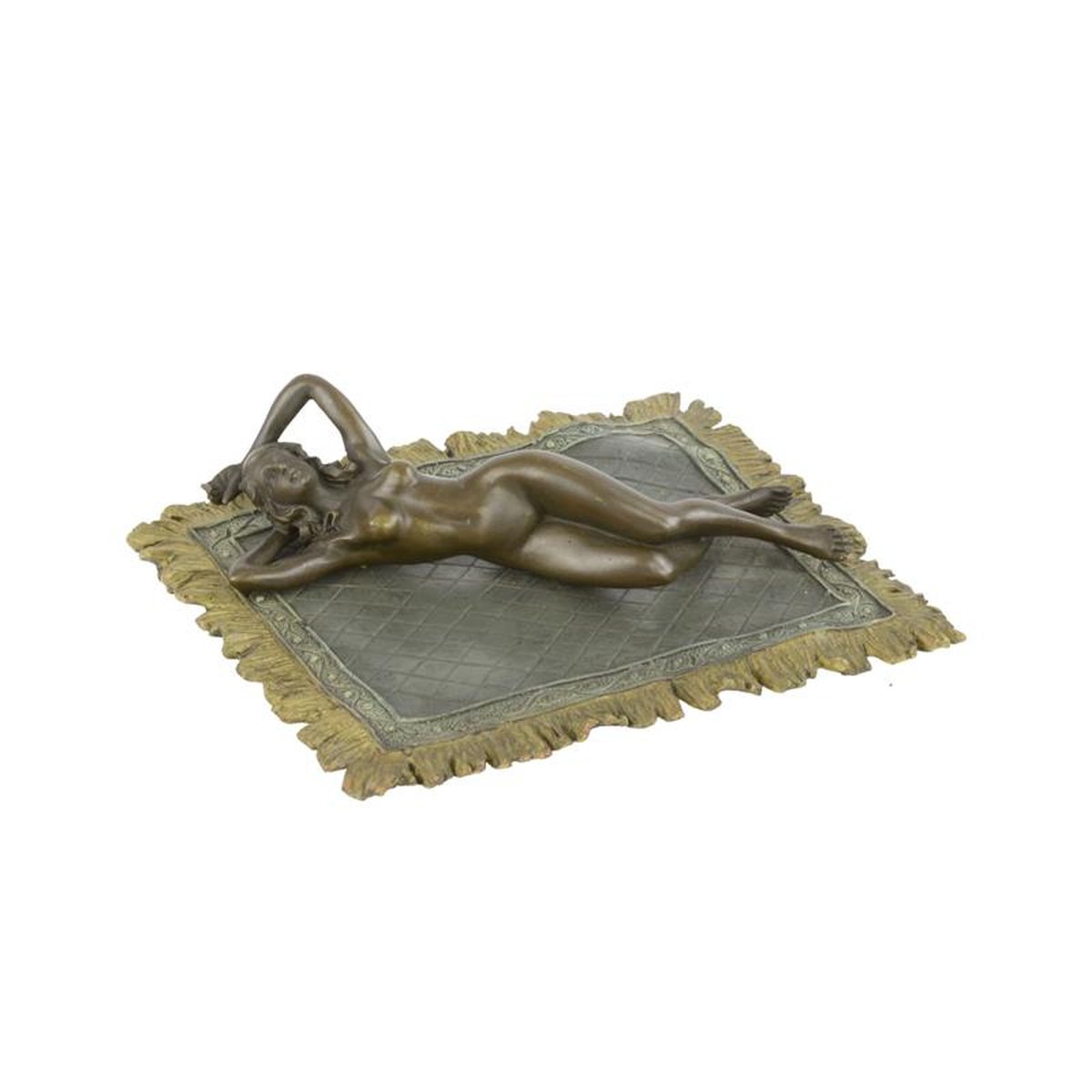 A BRONZE SCULPTURE OF A FEMALE NUDE ON CARPET