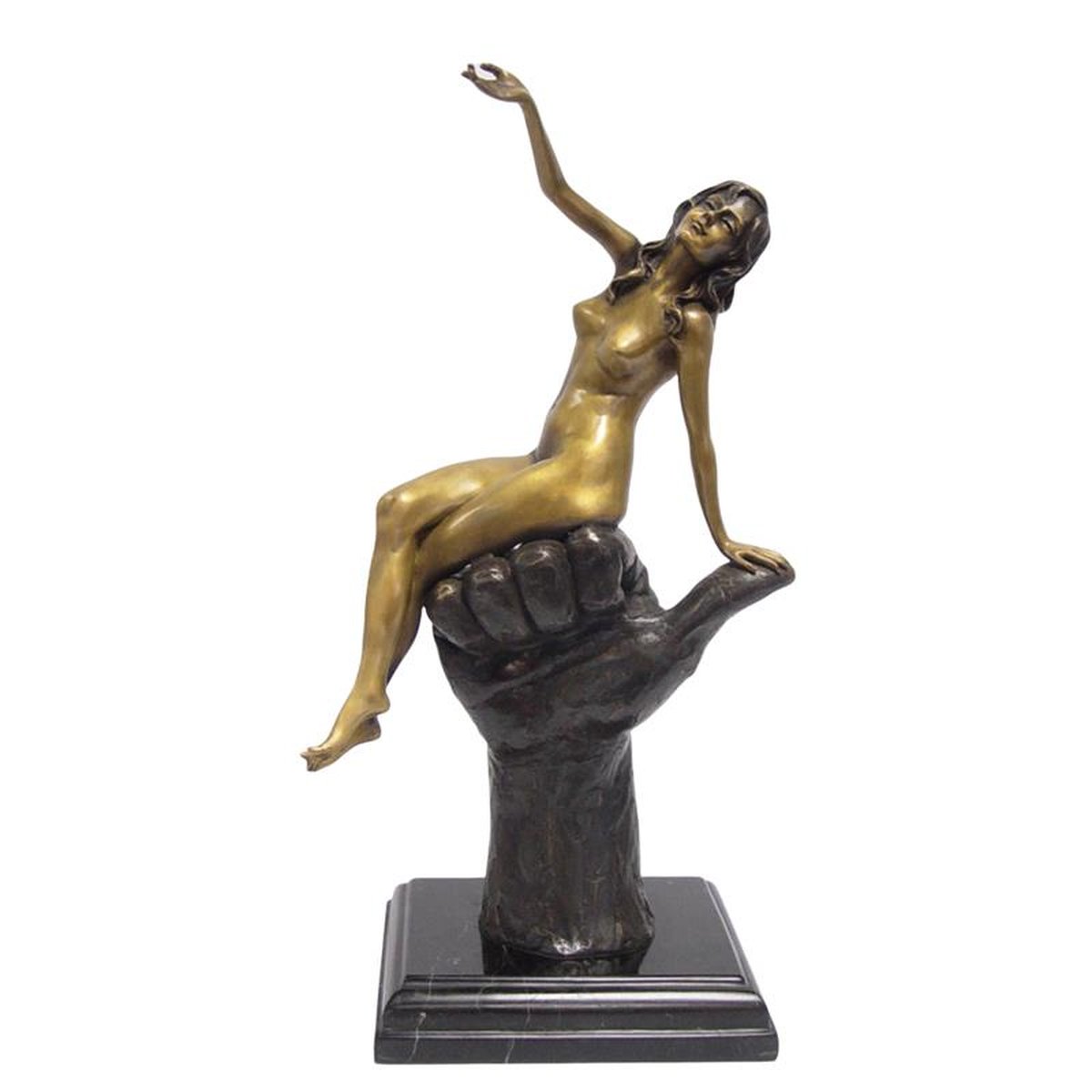 A BRONZE SCULPTURE OF A FEMALE NUDE SITTING ON A HAND