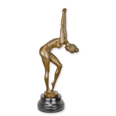 A BRONZE SCULPTURE OF A FEMALE NUDE STRETCHING