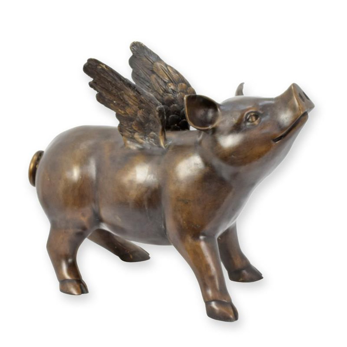 A BRONZE SCULPTURE OF A FLYING PIG