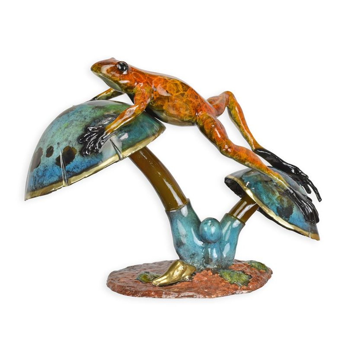 A BRONZE SCULPTURE OF A FROG JUMPING OVER A MUSHROOM