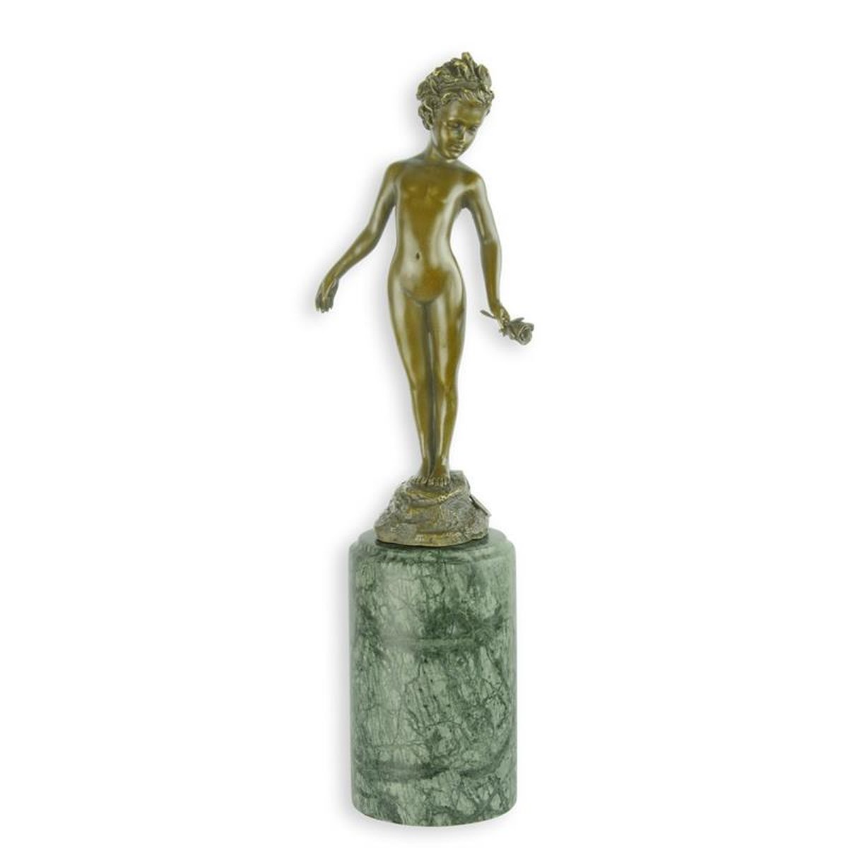A BRONZE SCULPTURE OF A GIRL HOLDING A ROSE