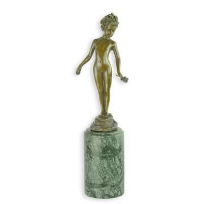 A BRONZE SCULPTURE OF A GIRL HOLDING A ROSE