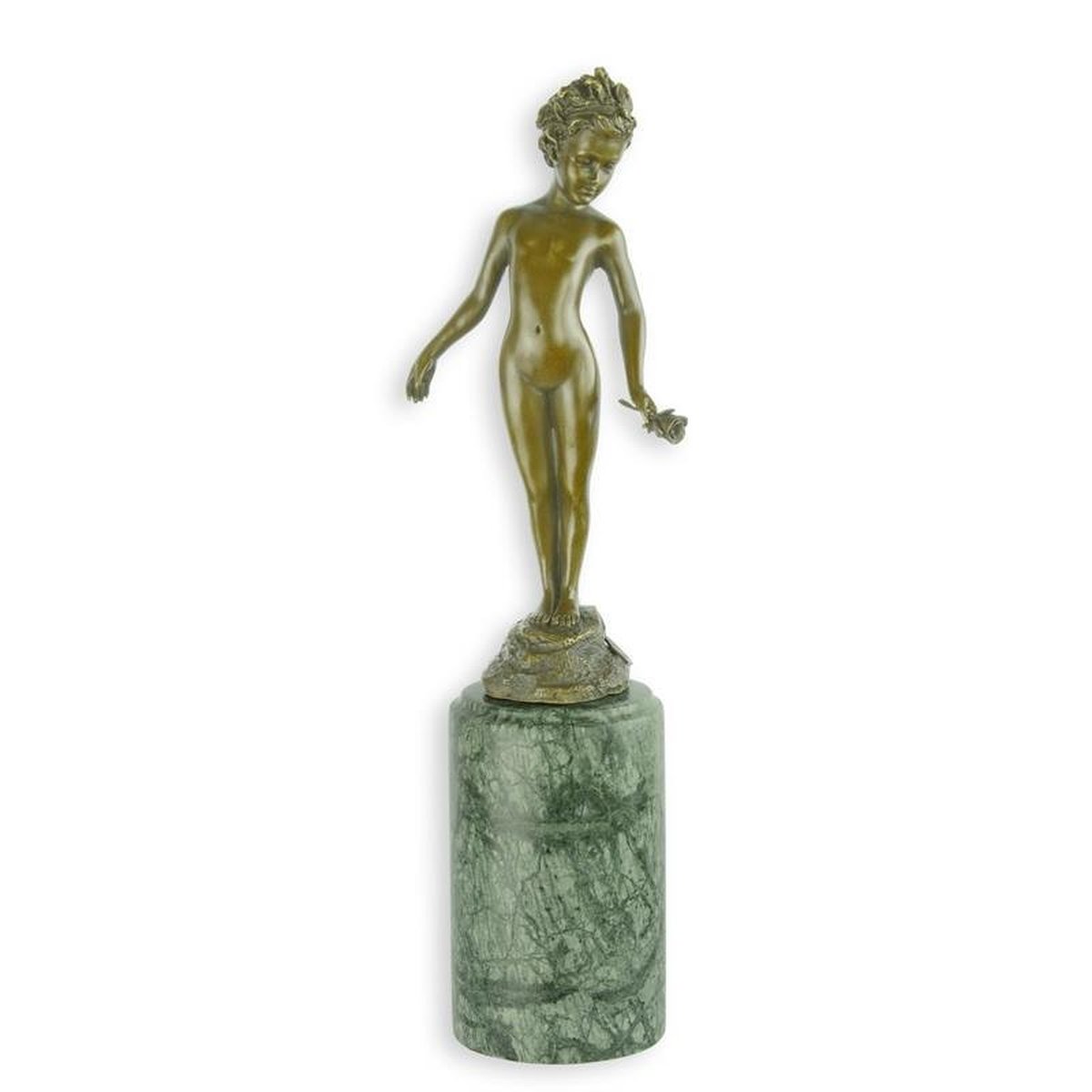 A Bronze Sculpture of a Girl Holding a Rose