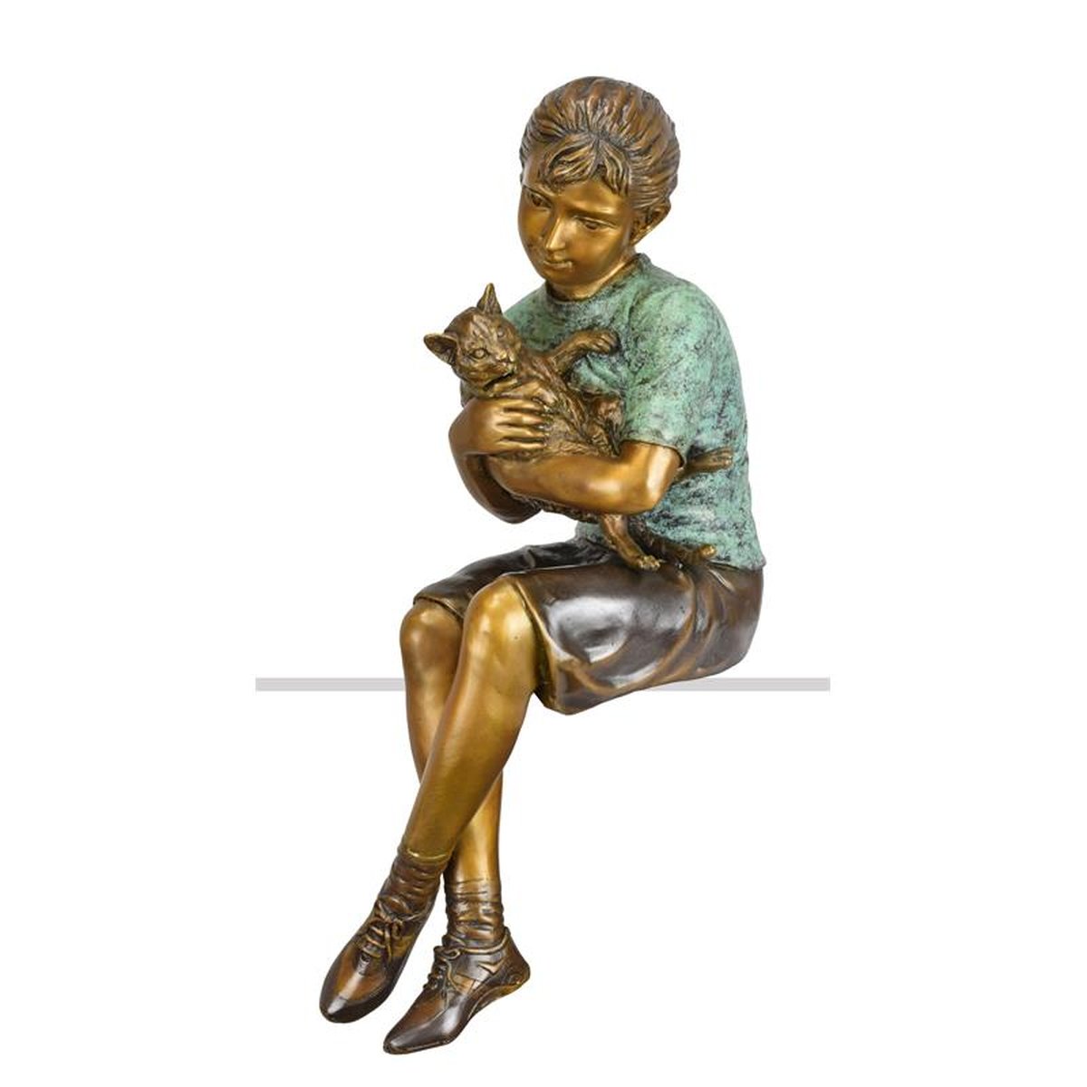 A BRONZE SCULPTURE OF A GIRL HOLDING HER CAT