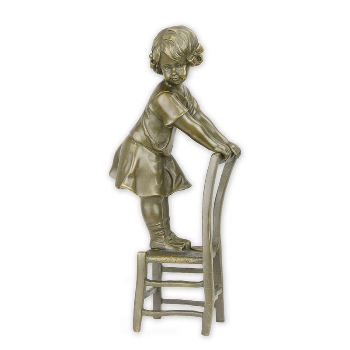 A BRONZE SCULPTURE OF A GIRL ON STOOL
