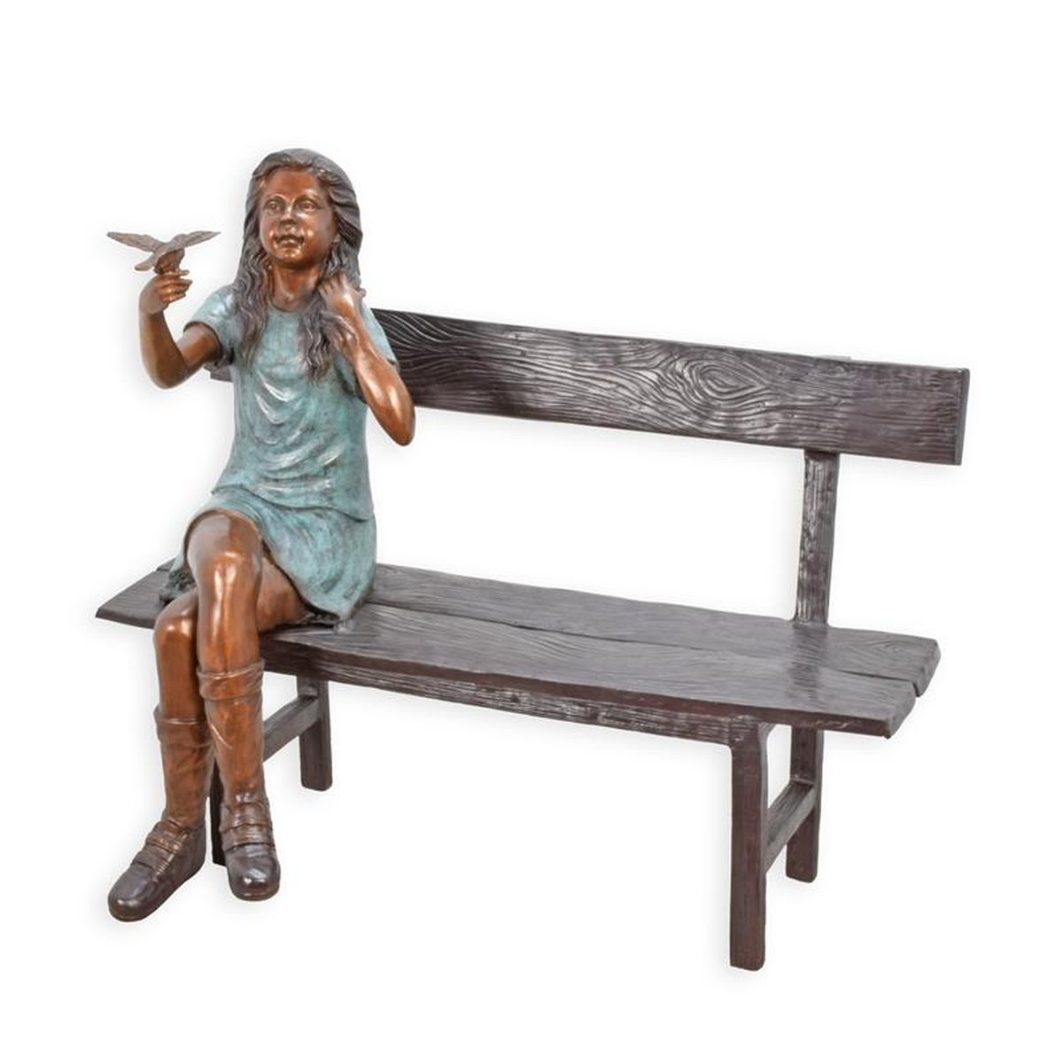 A BRONZE SCULPTURE OF A GIRL SITTING ON A BENCH