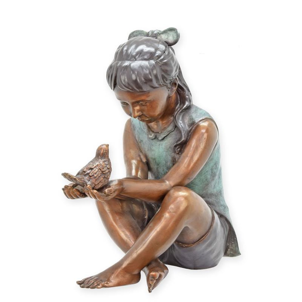A BRONZE SCULPTURE OF A GIRL WITH BIRD