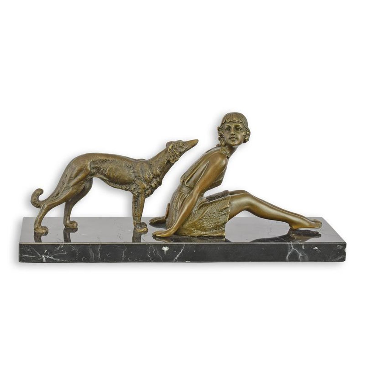 A BRONZE SCULPTURE OF A GIRL WITH BORZOI