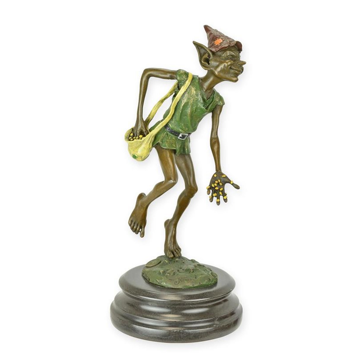 A BRONZE SCULPTURE OF A GOBLIN SOWING SEEDS