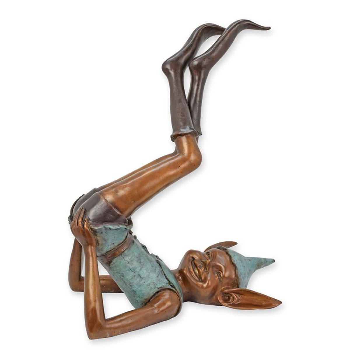 A BRONZE SCULPTURE OF A GOBLIN WITH LEGS UP