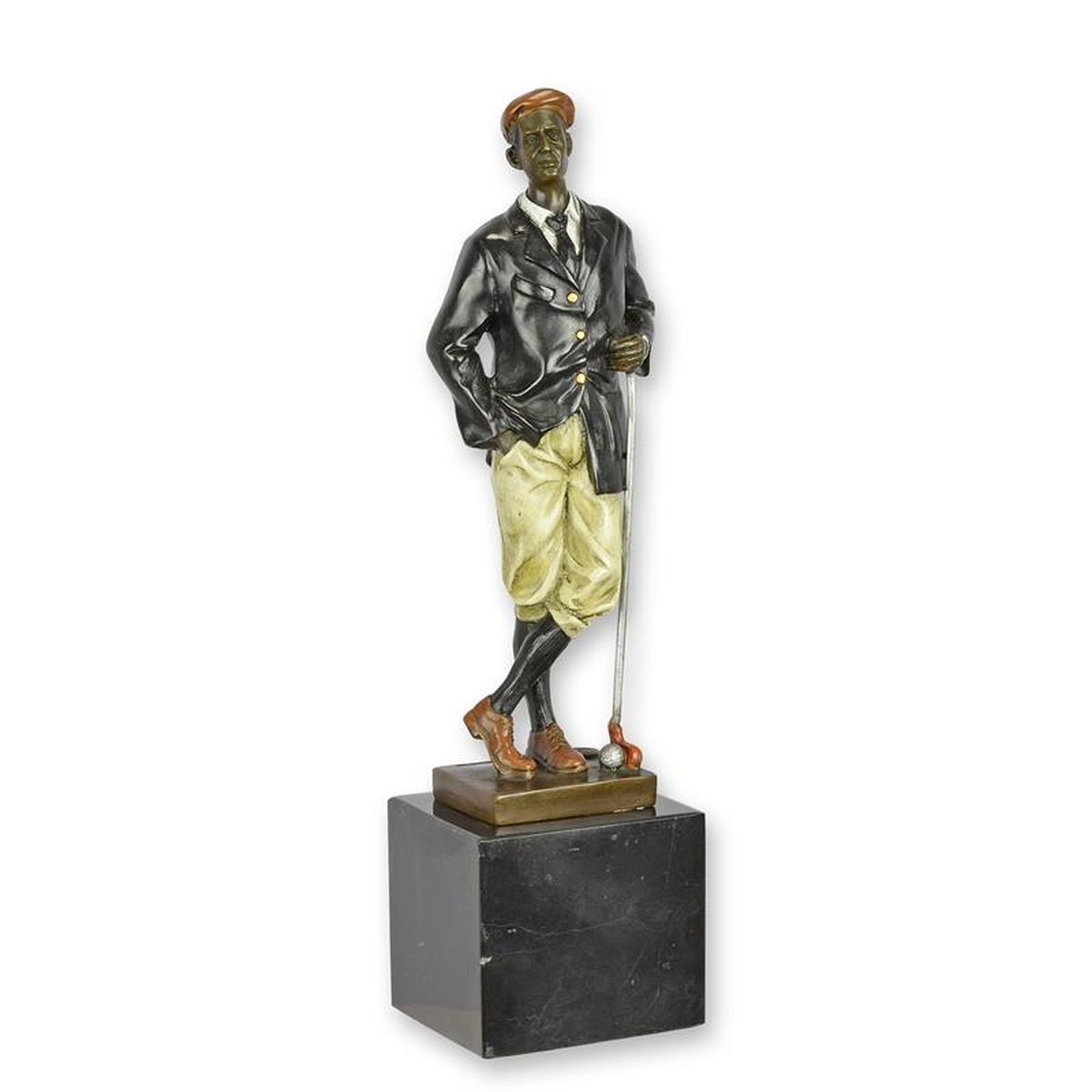 A BRONZE SCULPTURE OF A GOLFER