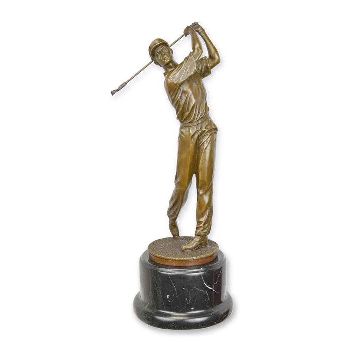 A BRONZE SCULPTURE OF A GOLFER