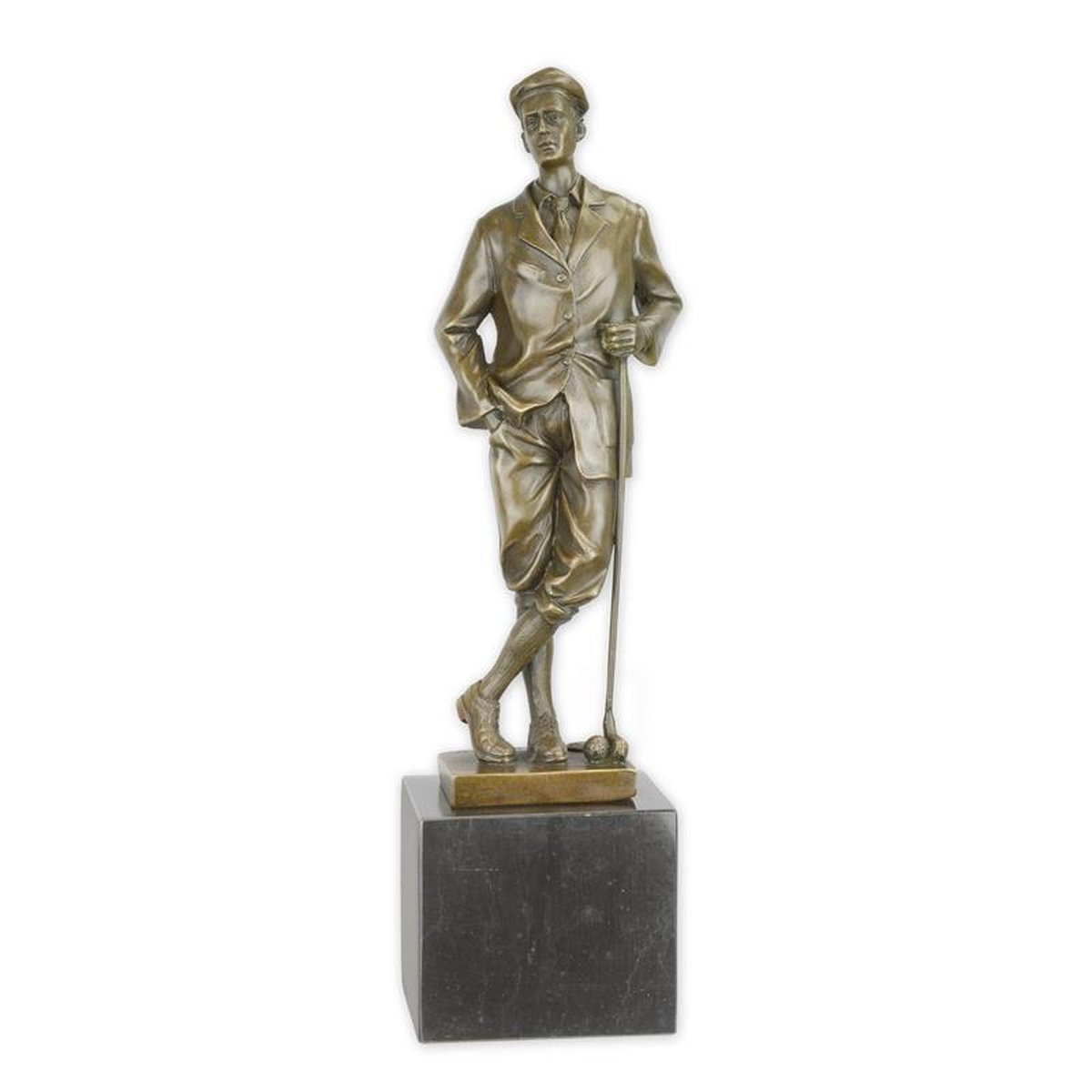 A BRONZE SCULPTURE OF A GOLFER