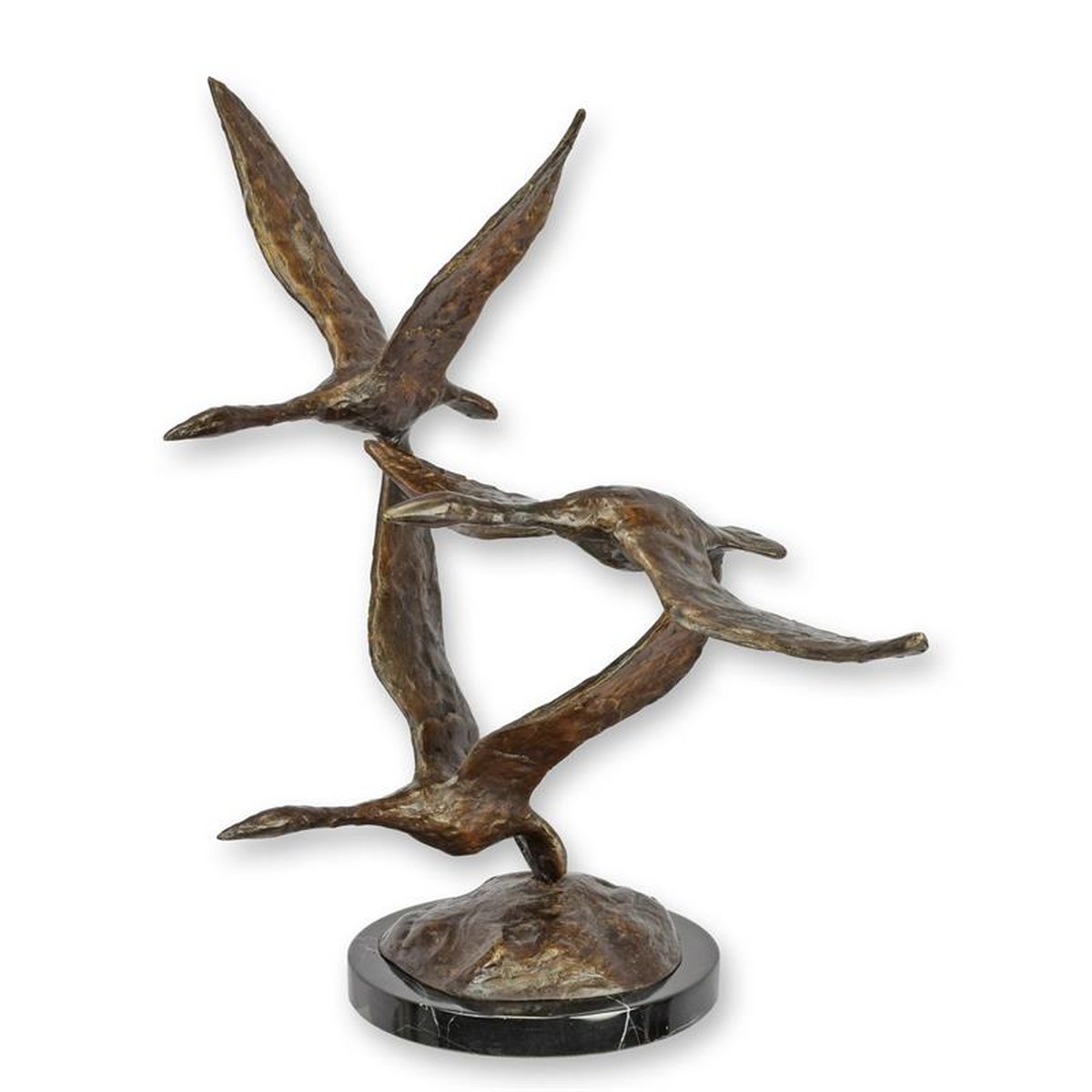 A BRONZE SCULPTURE OF A GROUP OF FLYING GEESE