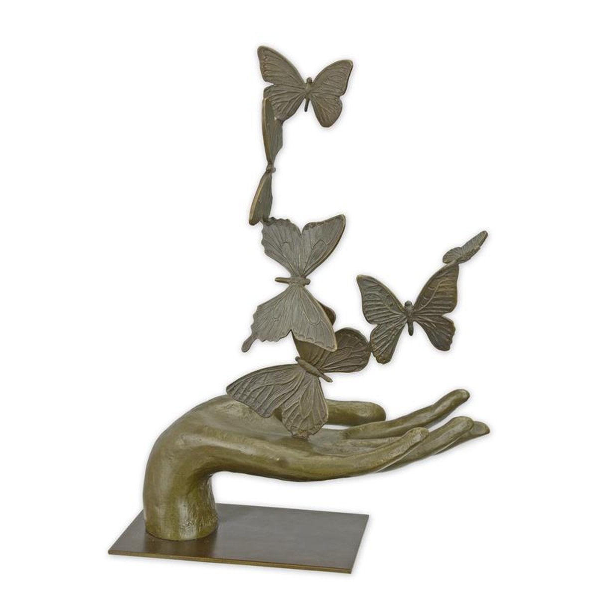 A BRONZE SCULPTURE OF A HAND UNLEASHING BUTTERFLIES