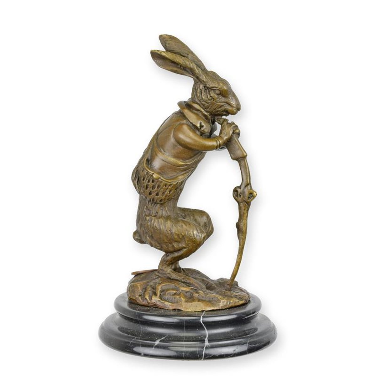 A BRONZE SCULPTURE OF A HARE DRESSED AS A HUNTER