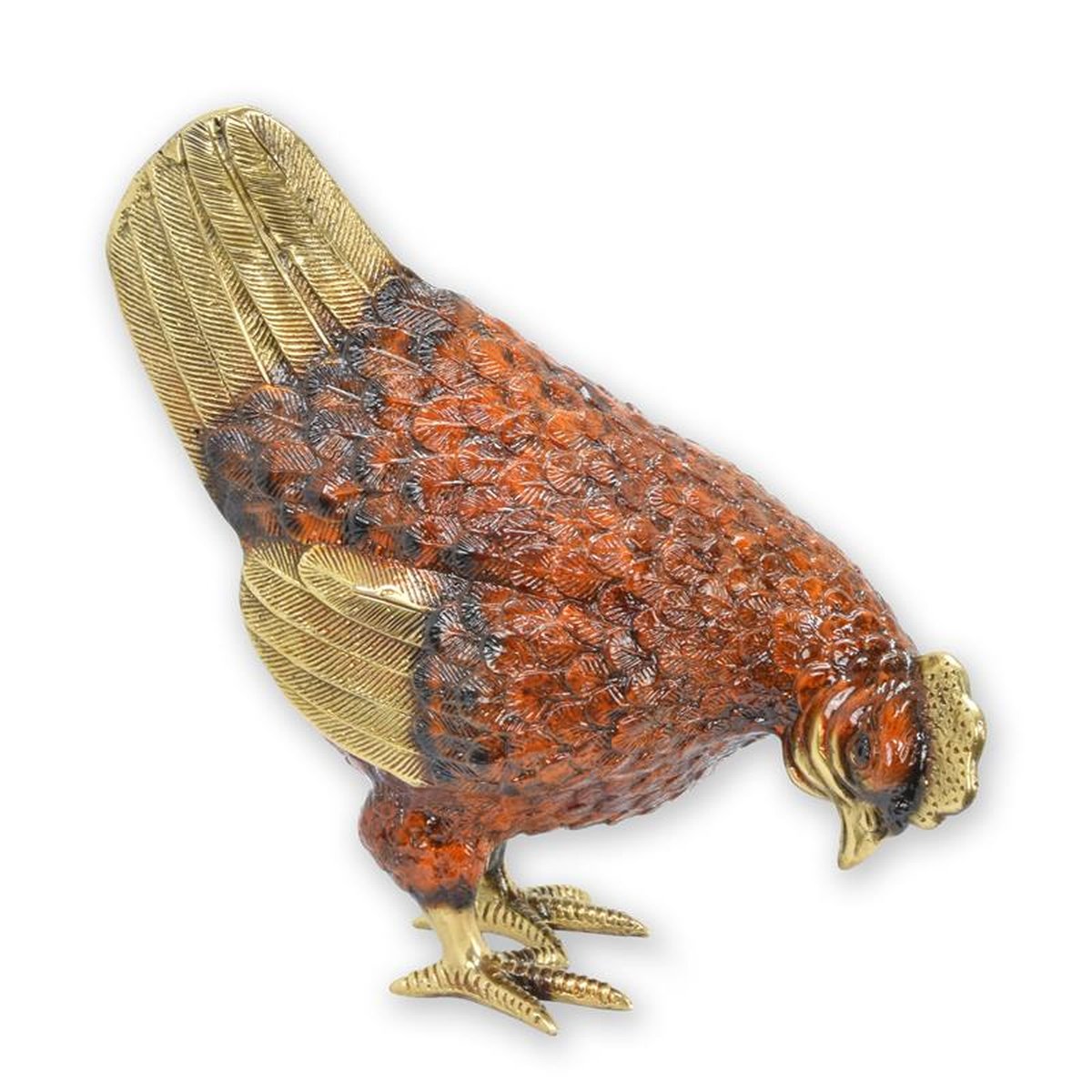 A BRONZE SCULPTURE OF A HEN - COLOURED