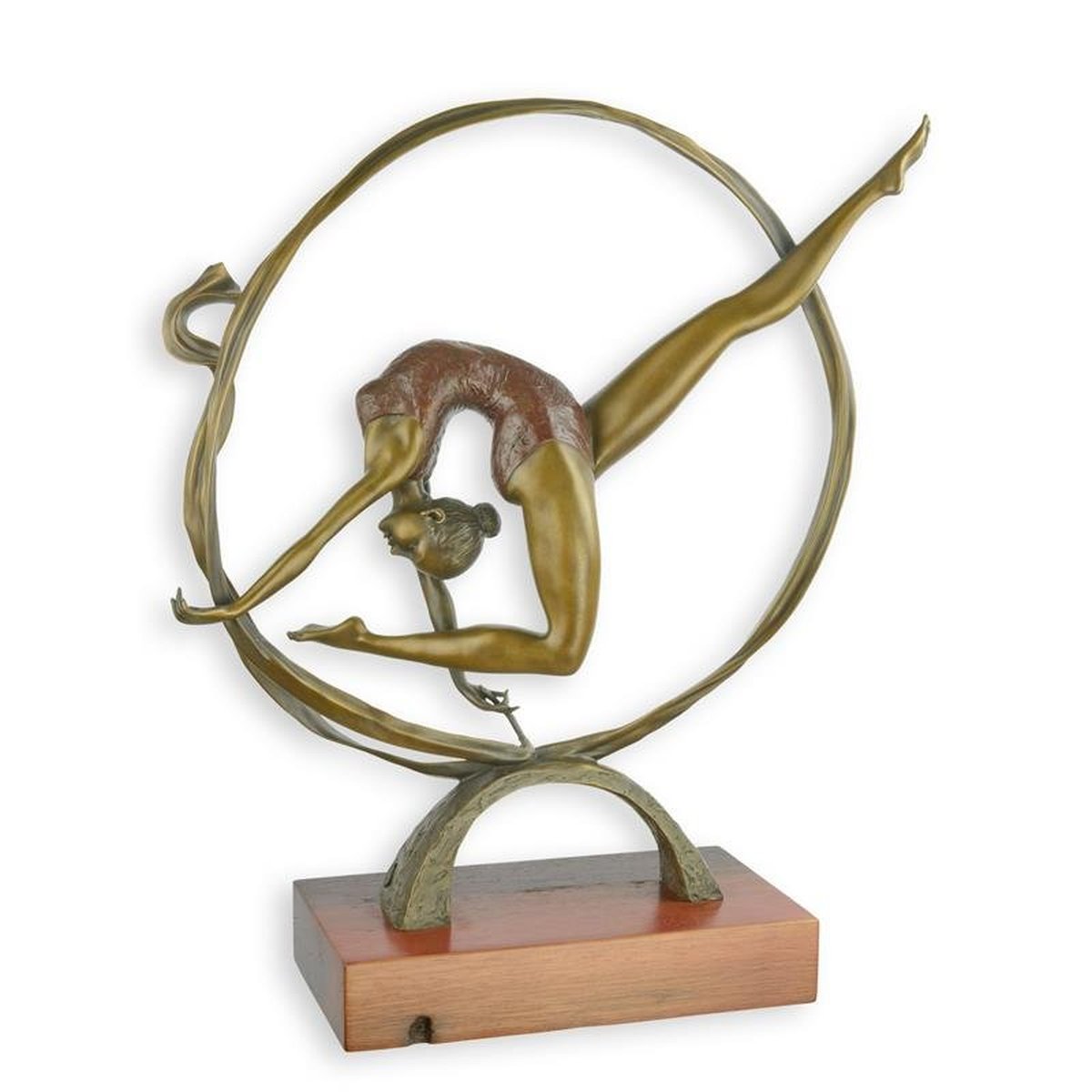 A Bronze Sculpture of a Hoop Dancer Mounted on Wooden Base