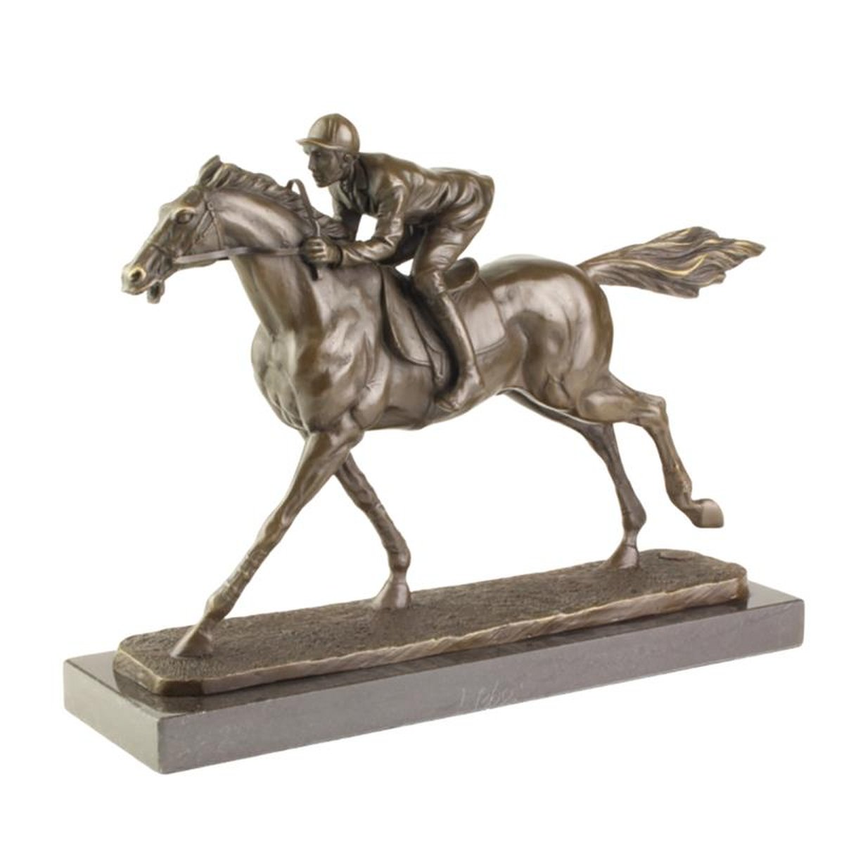 A BRONZE SCULPTURE OF A JOCKEY AND HORSE