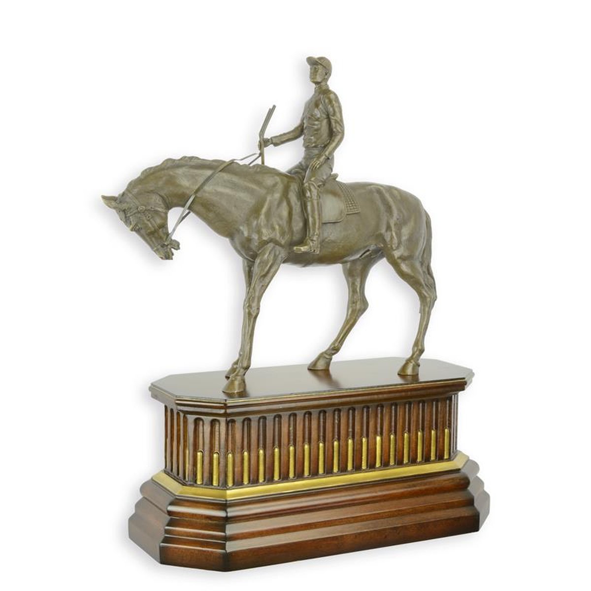 A BRONZE SCULPTURE OF A JOCKEY ON HORSE ON WOODEN BASE