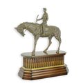 A BRONZE SCULPTURE OF A JOCKEY ON HORSE ON WOODEN BASE