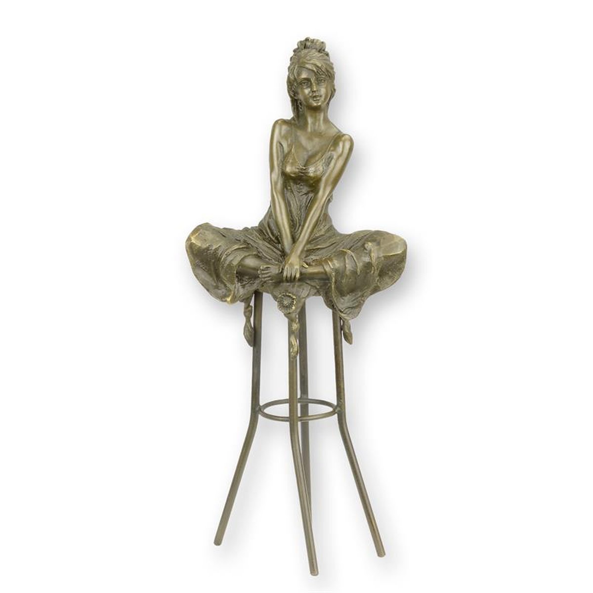 A BRONZE SCULPTURE OF A LADY ON BARCHAIR