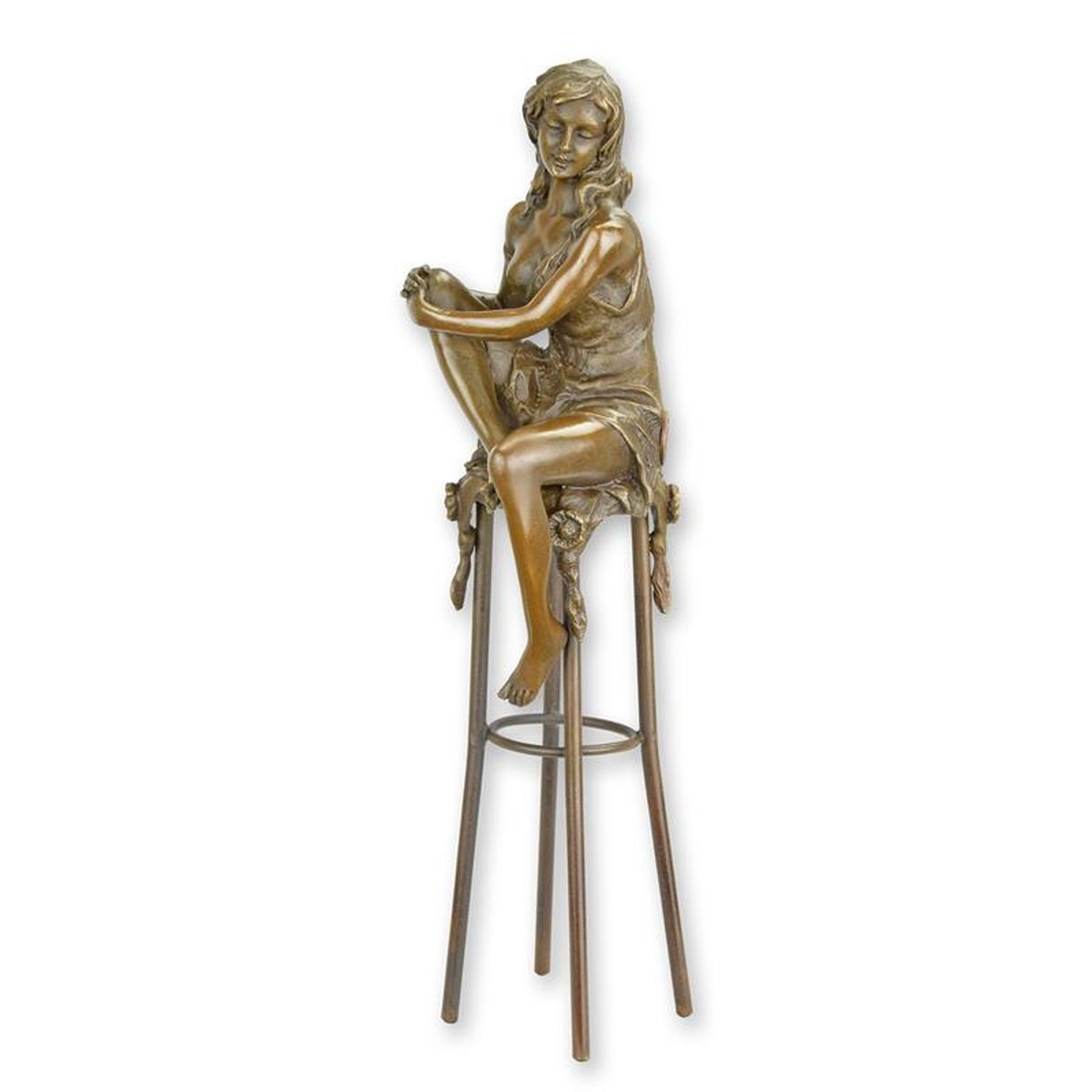 A BRONZE SCULPTURE OF A LADY ON BARCHAIR