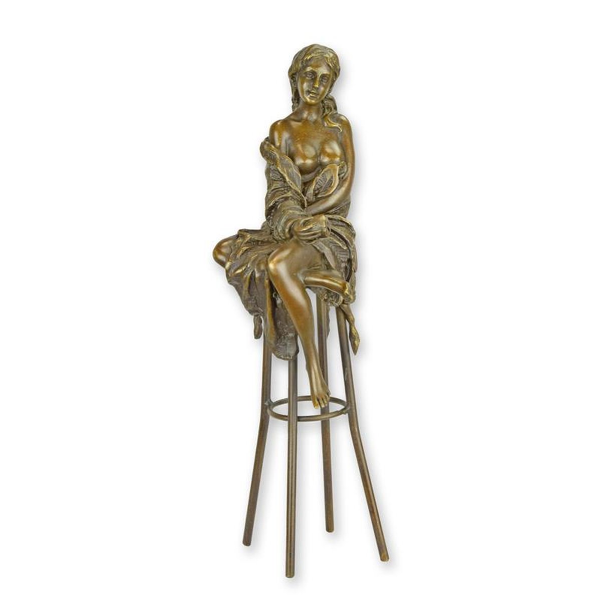A BRONZE SCULPTURE OF A LADY ON BARCHAIR