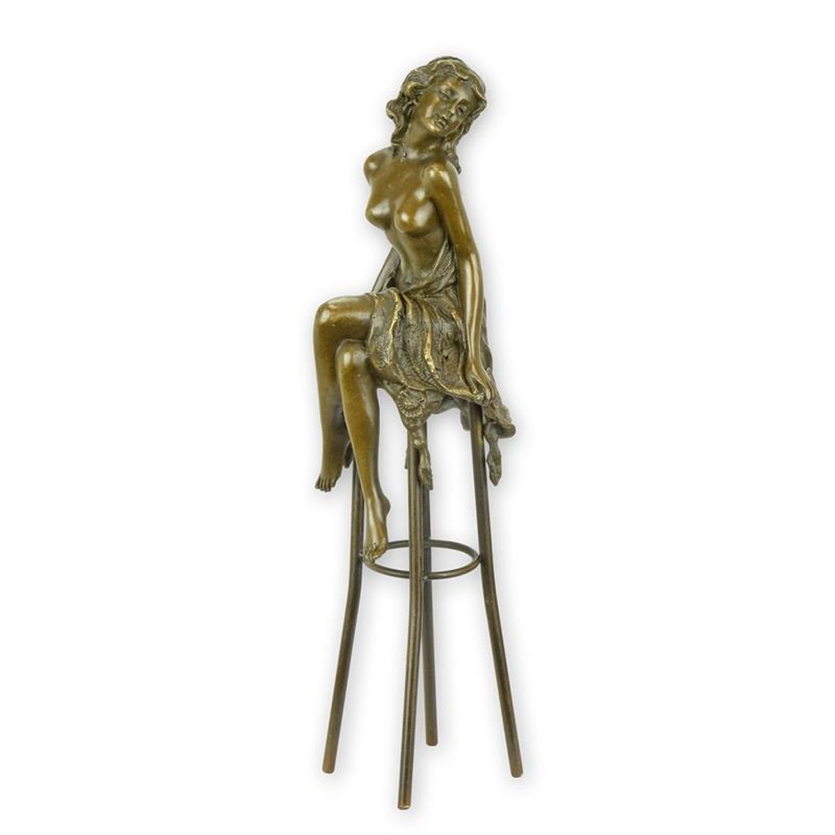 A BRONZE SCULPTURE OF A LADY ON BARCHAIR