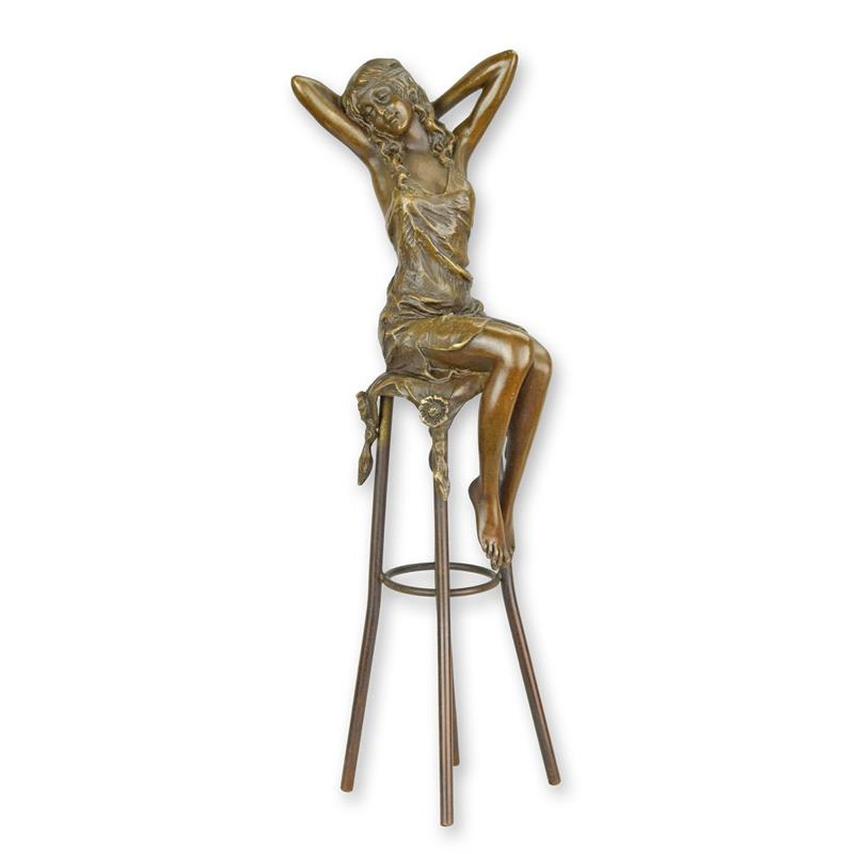 A BRONZE SCULPTURE OF A LADY ON BARCHAIR