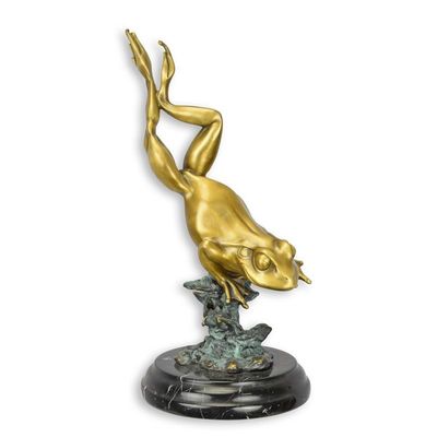 A BRONZE SCULPTURE OF A LEAPING FROG