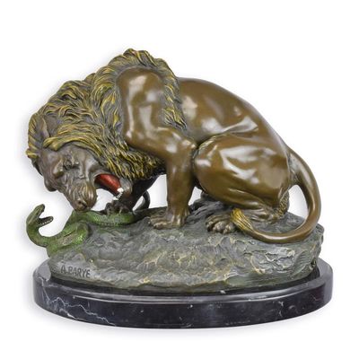 A BRONZE SCULPTURE OF A LION AND SERPENT