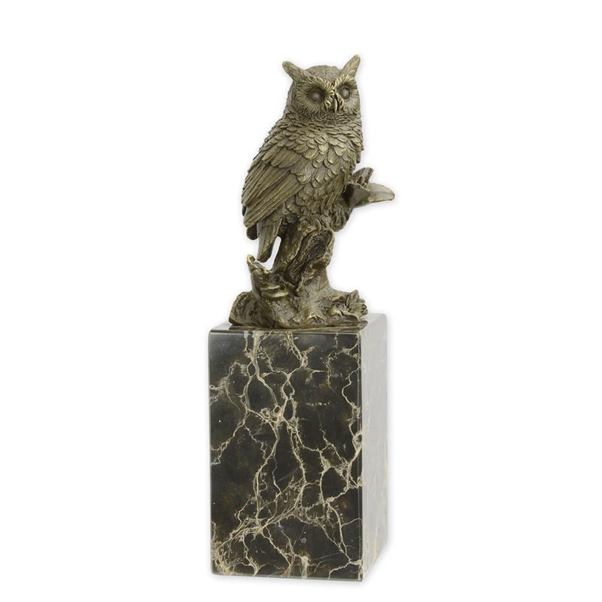 A BRONZE SCULPTURE OF A LONG-EARED OWL