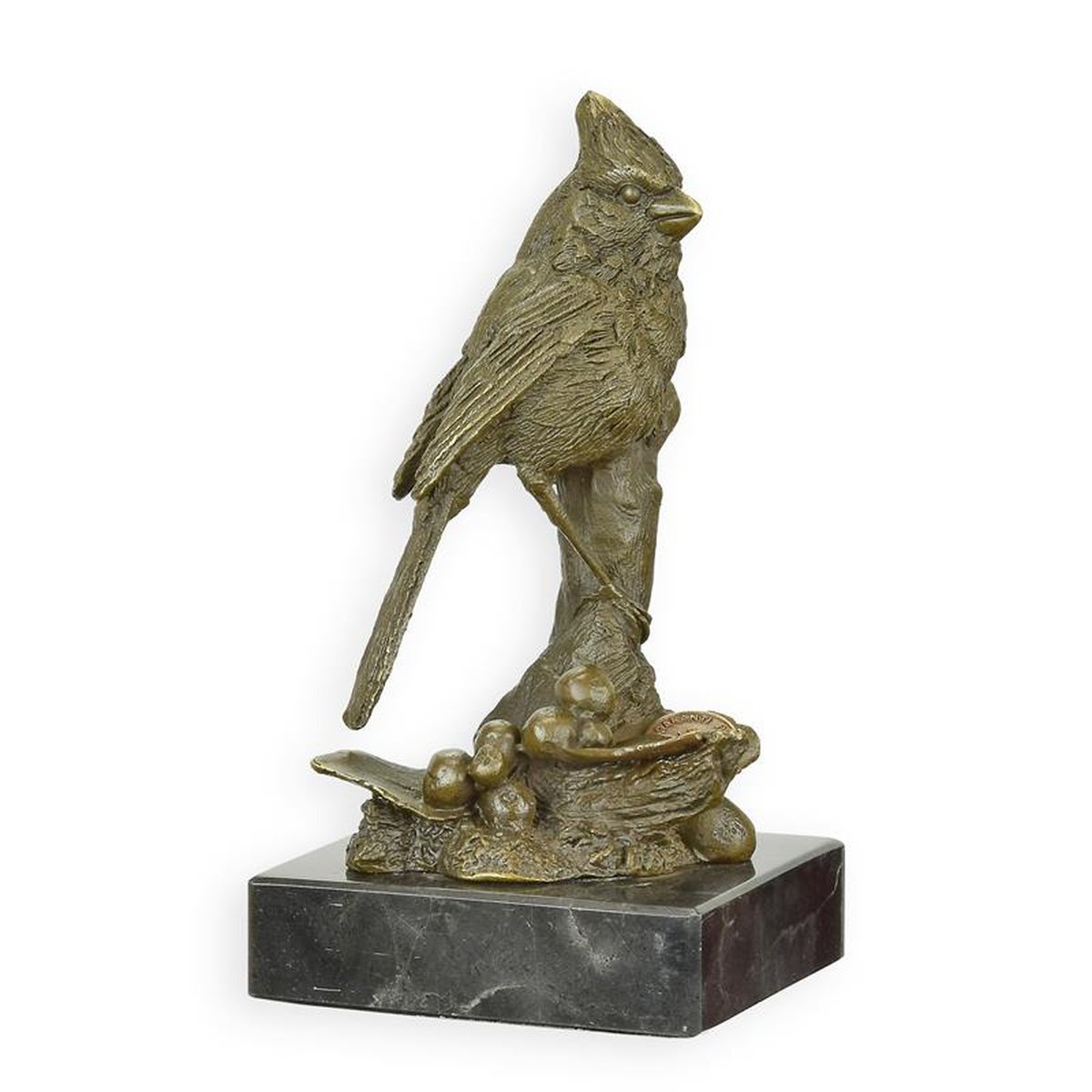 A BRONZE SCULPTURE OF A NORTHERN CARDINAL BIRD